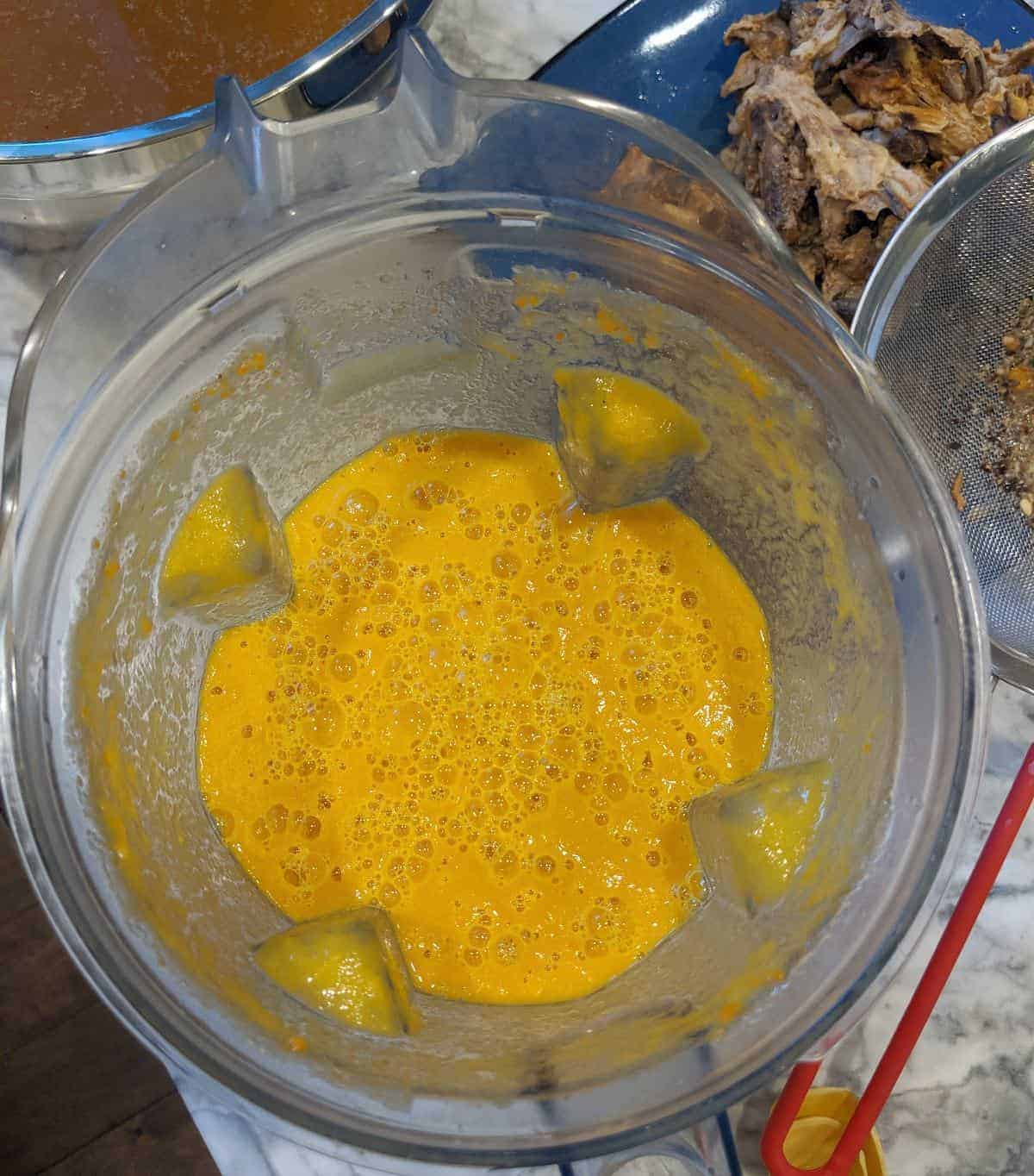 Overhead view of bone broth blended with veggies.