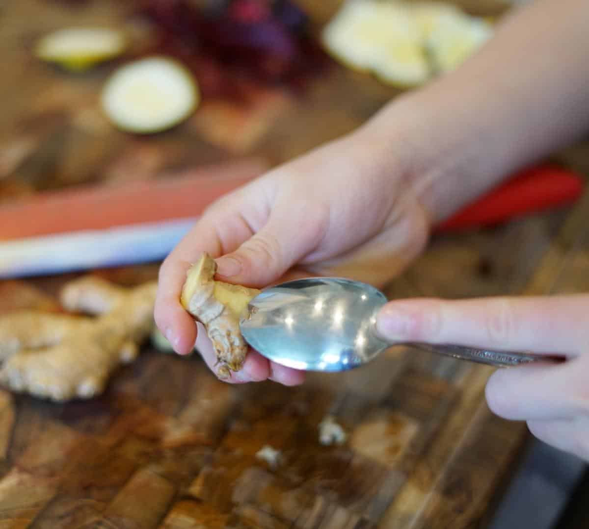 Hands holding a piece of ginger and scraping the skin off with a spoon.