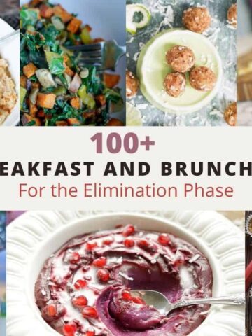 AIP breakfast and brunch ideas title image with several different breakfast foods.