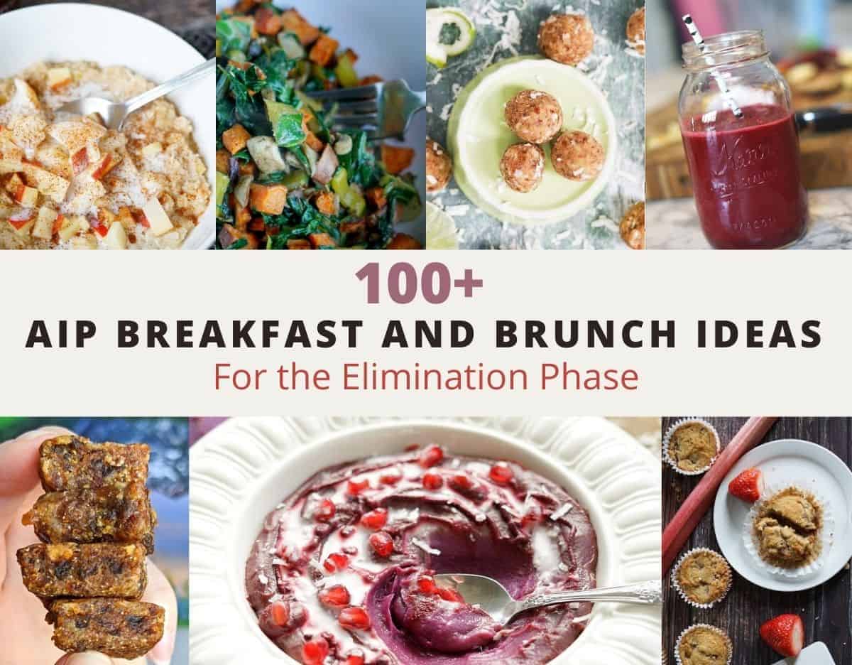 AIP breakfast and brunch ideas title image with several different breakfast foods.