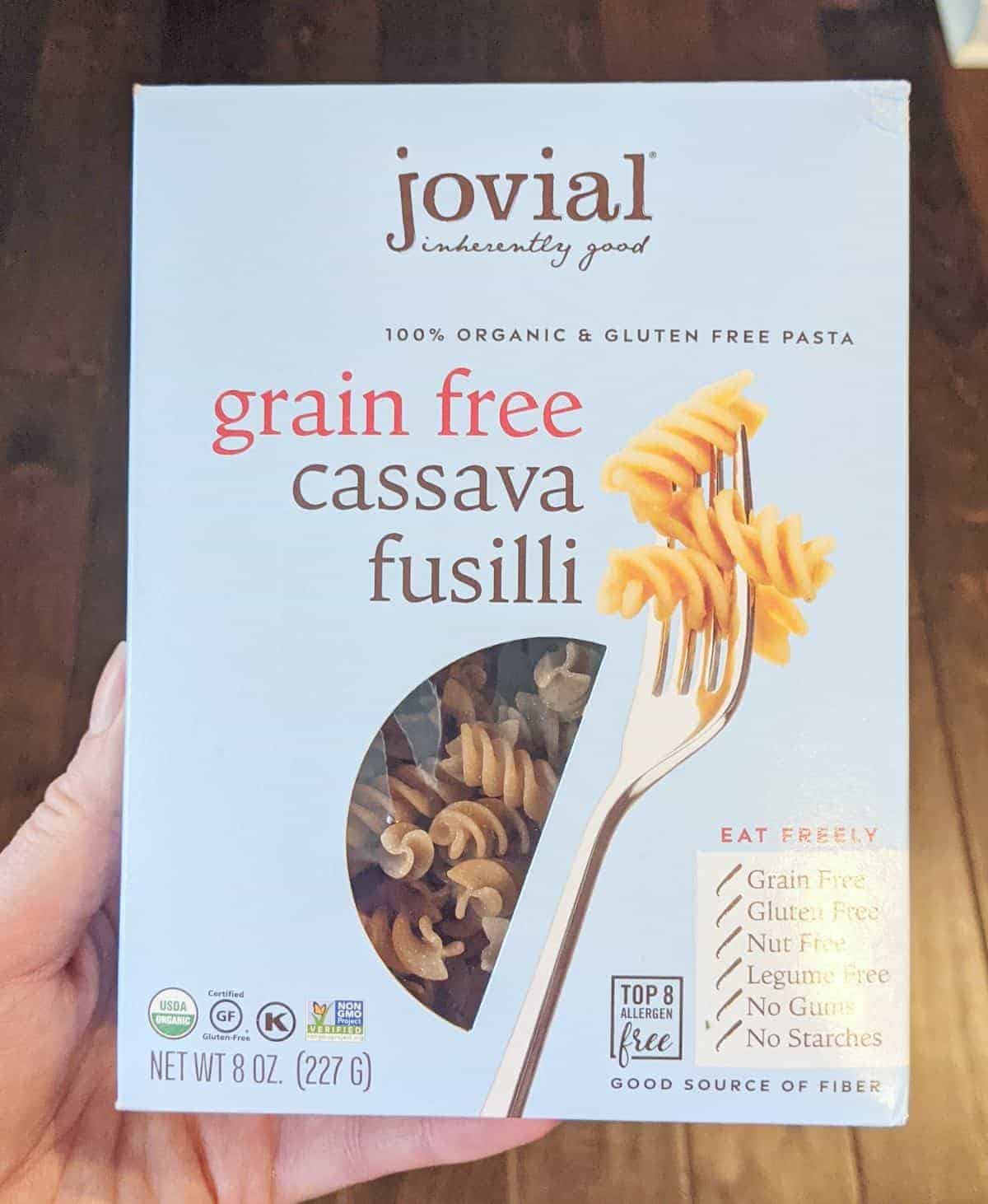 Box of Jovial Foods Grain free cassava fusilli pasta.