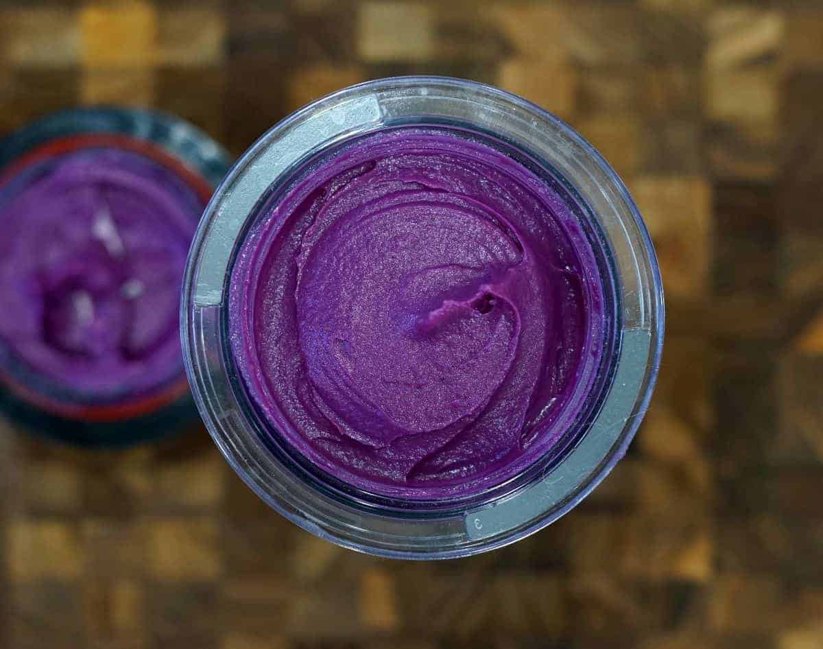 purple sweet potato smoothie in a small blender