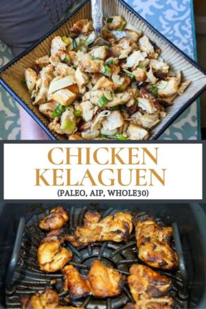 Pinterest pin for chicken kelaguen with 2 images of the dish.