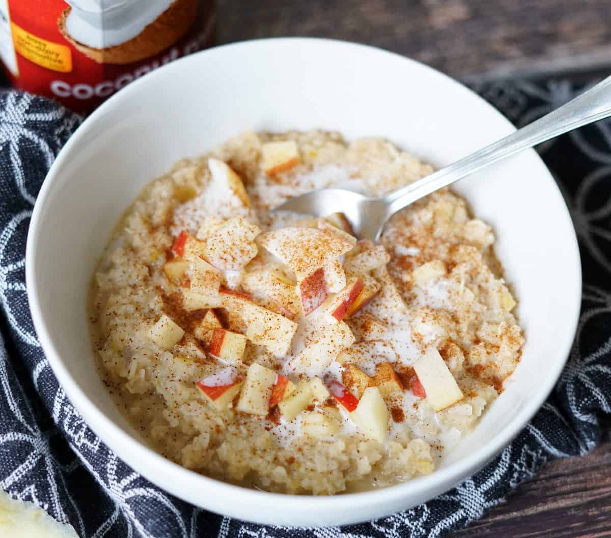 Apple noatmeal in a white bowl with a spoon.