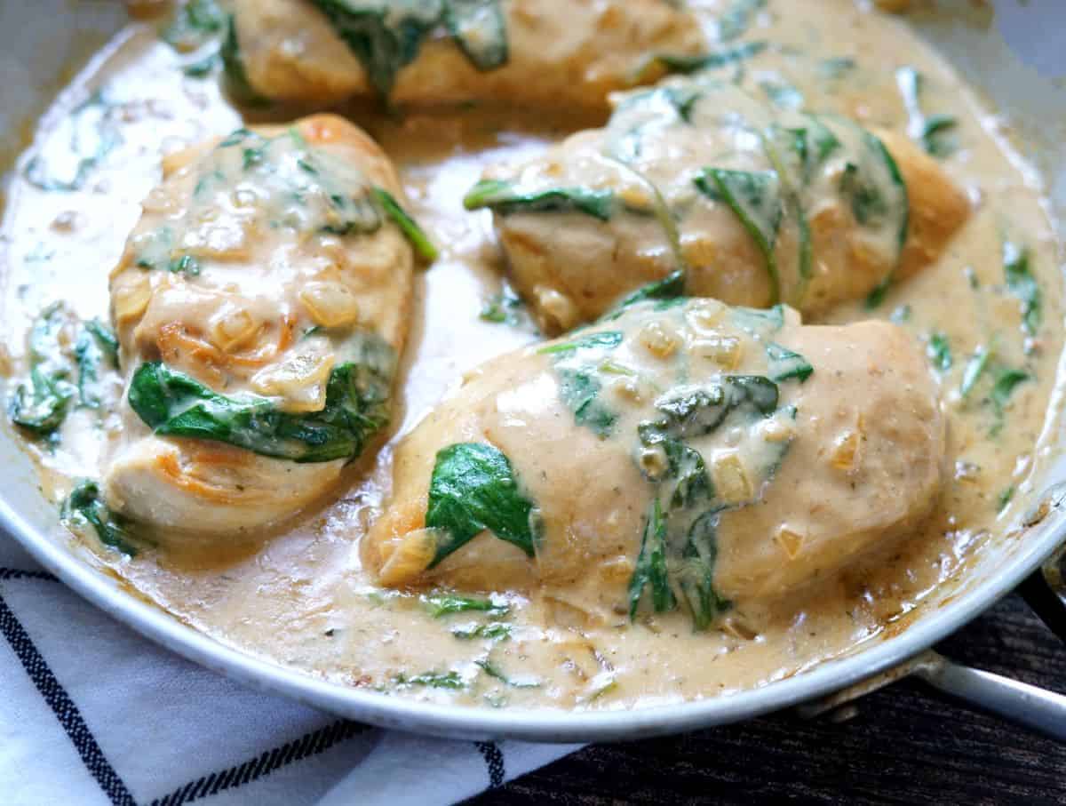 aip chicken florentine in a tan pan
