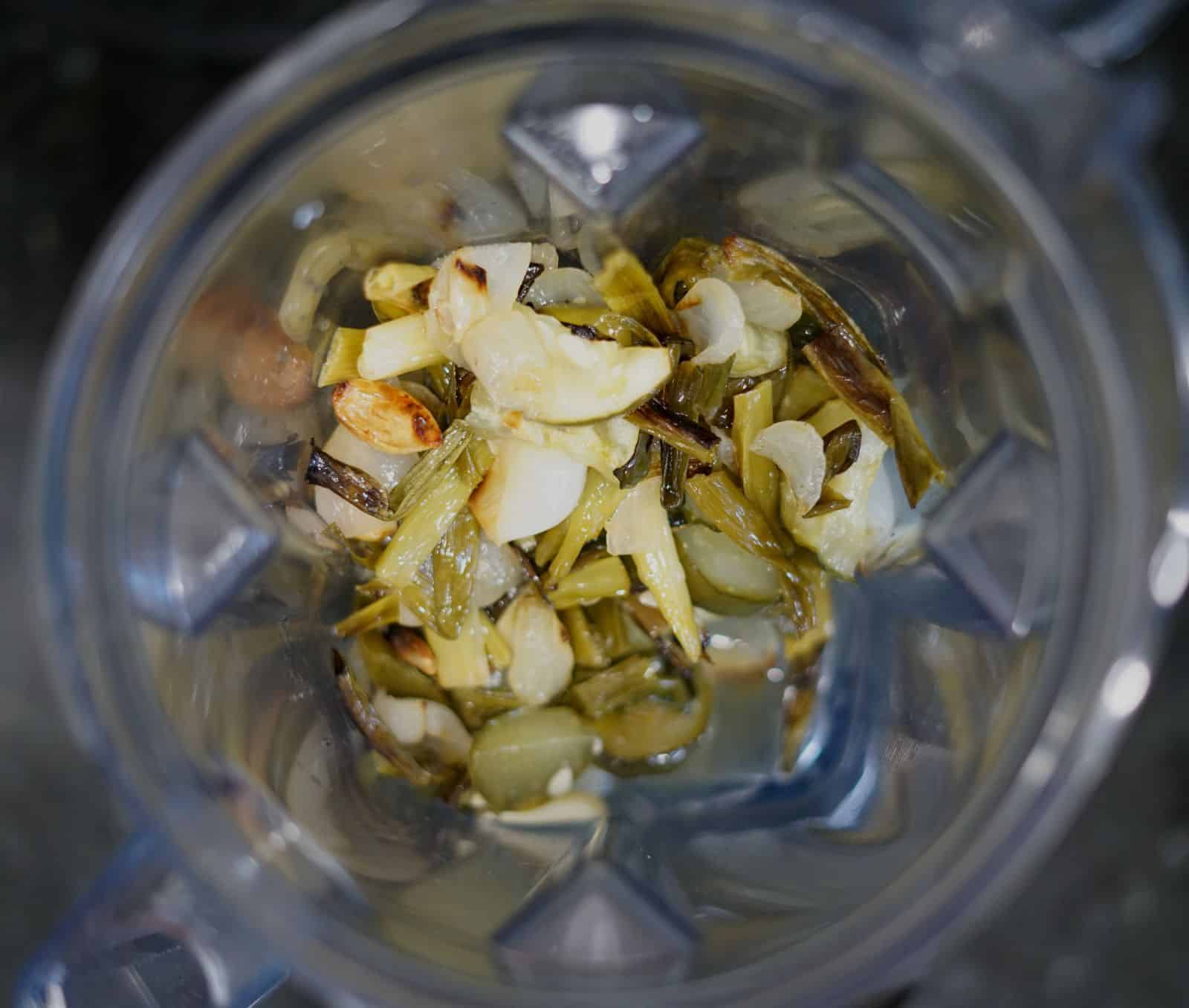 roasted garlic, green onion, white onion, and cucumber in a blender