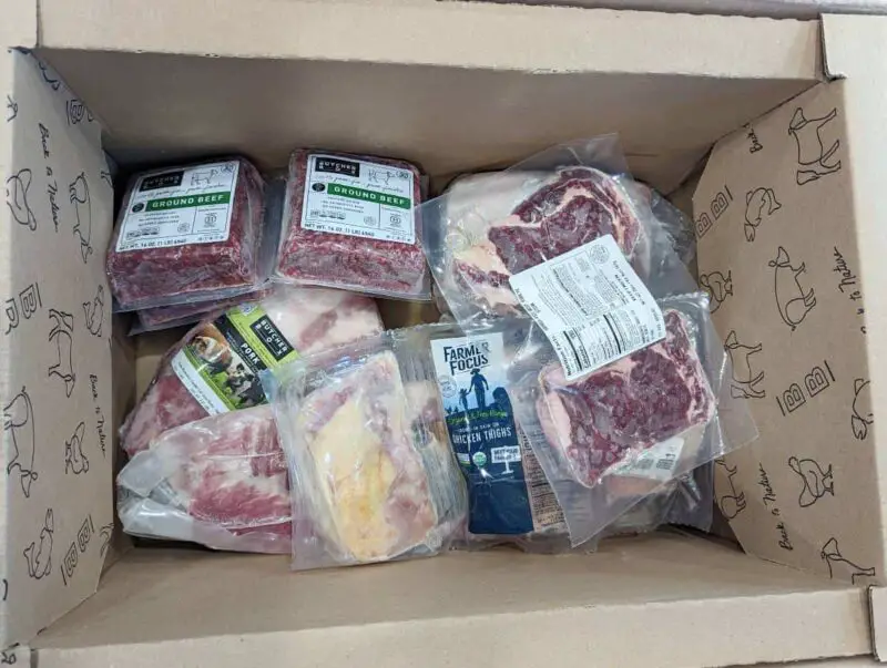 frozen chicken, beef, and pork in a box