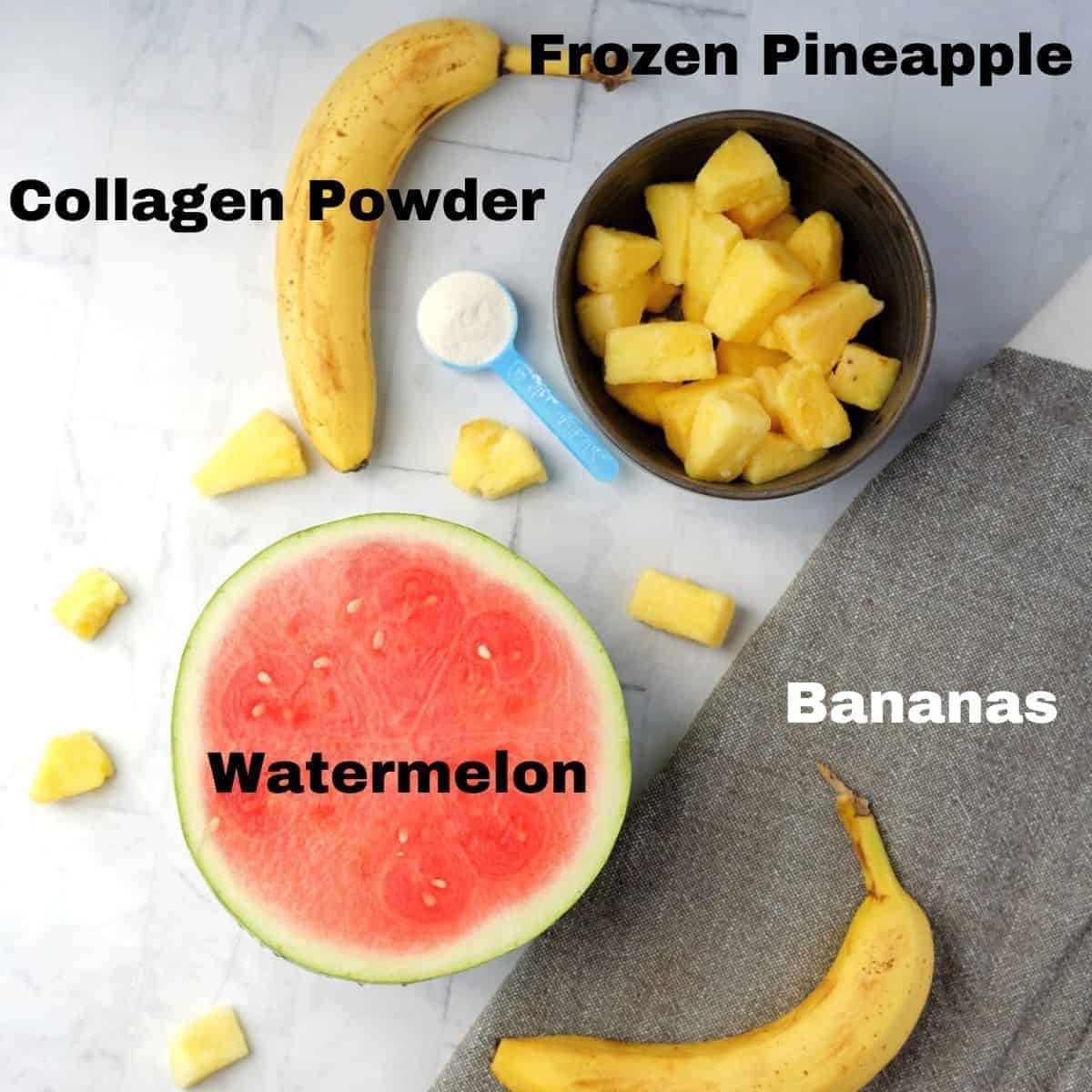 Overhead view of smoothie ingredients.