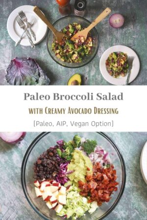 Pinterest pin for paleo broccoli salad.b