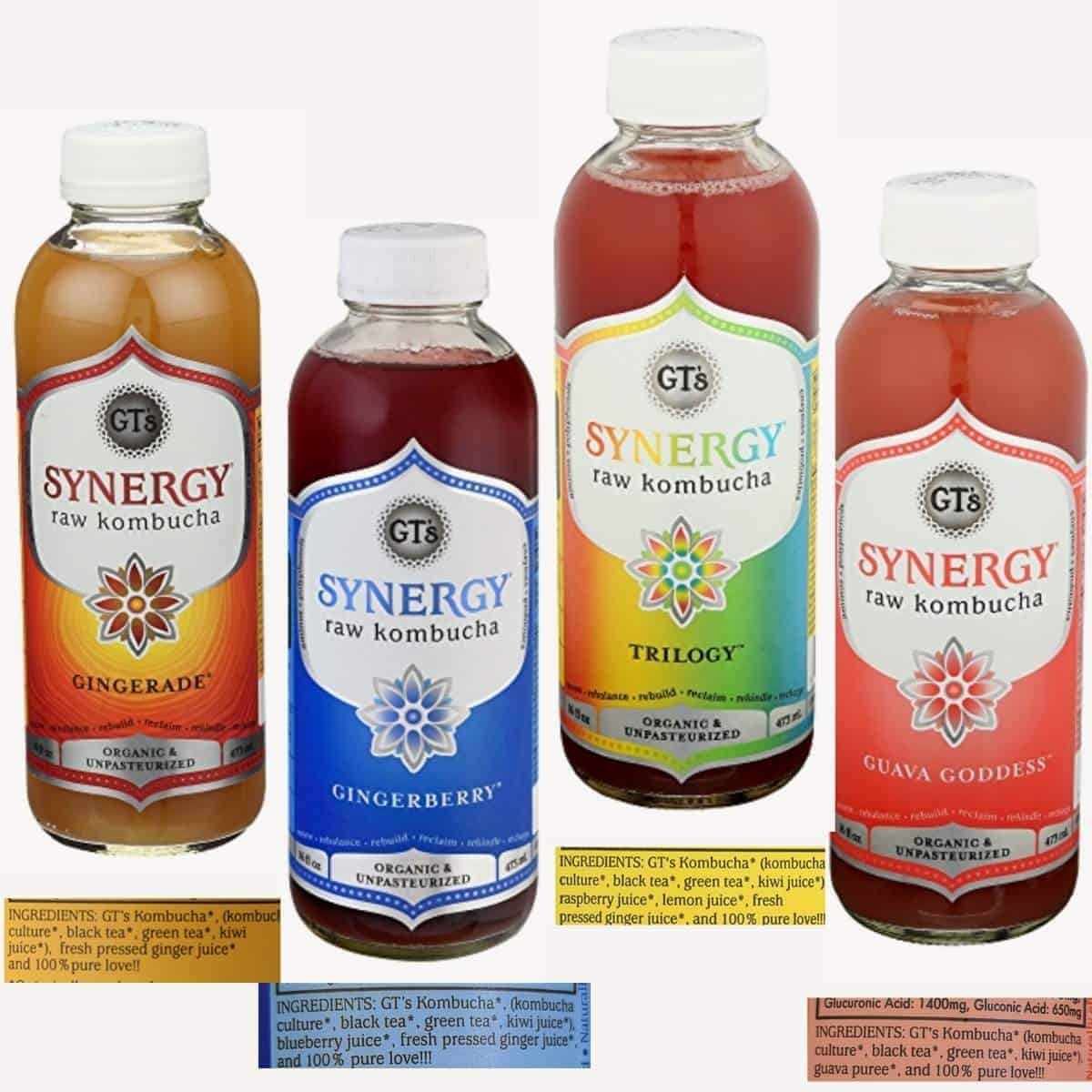 Various flavors of GT Synergy Kombucha with ingredient labels.