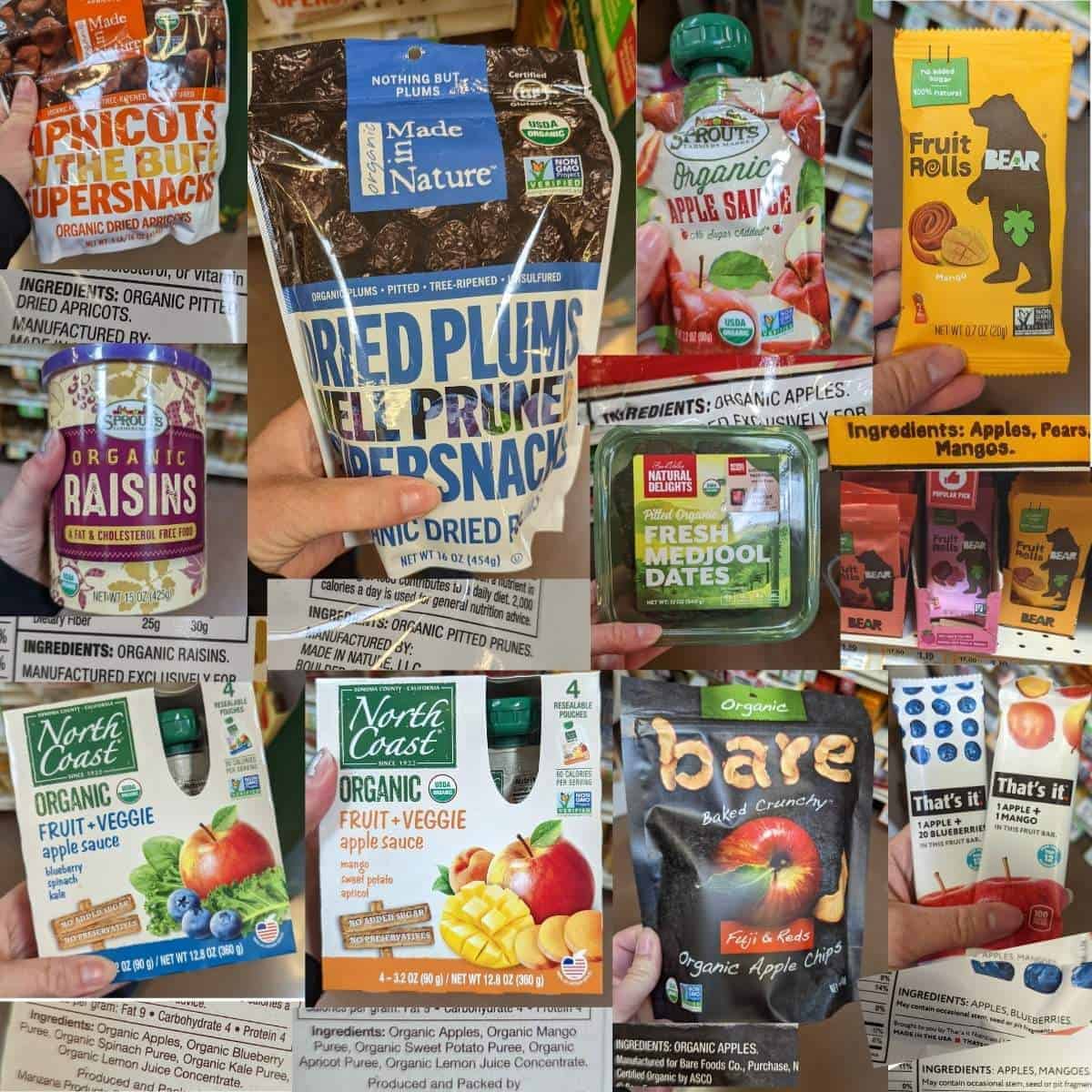 Various dried fruit products, apple sauces, and fruit pouches from Sprouts.