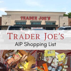 Featured image for the post with storefront for trader joes plus shopping cart and bags full of groceries.