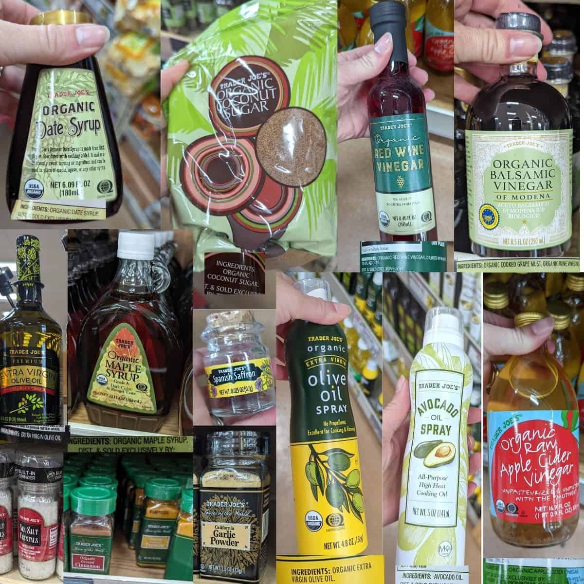 Trader Joes Date syrup, coconut sugar, wine vinegar, balsamic vinegar, olive oil spray, avocado oil spray with ingredient labels.