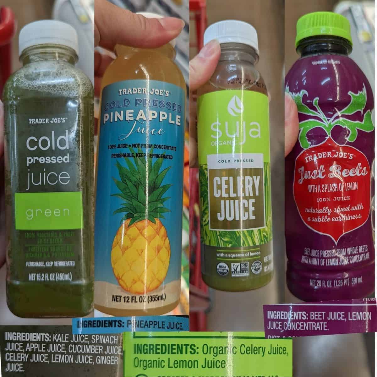 Trader Joes green juice, pineapple juice, celery juice, beet juice with ingredient labels.