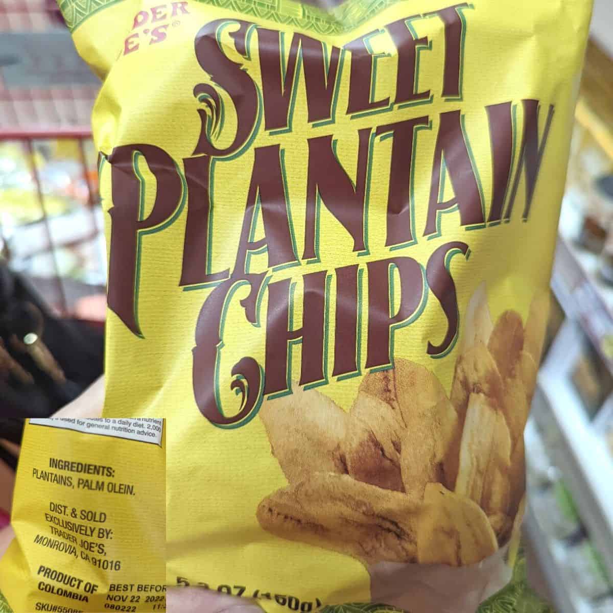 Package of sweet plantain chips and label.
