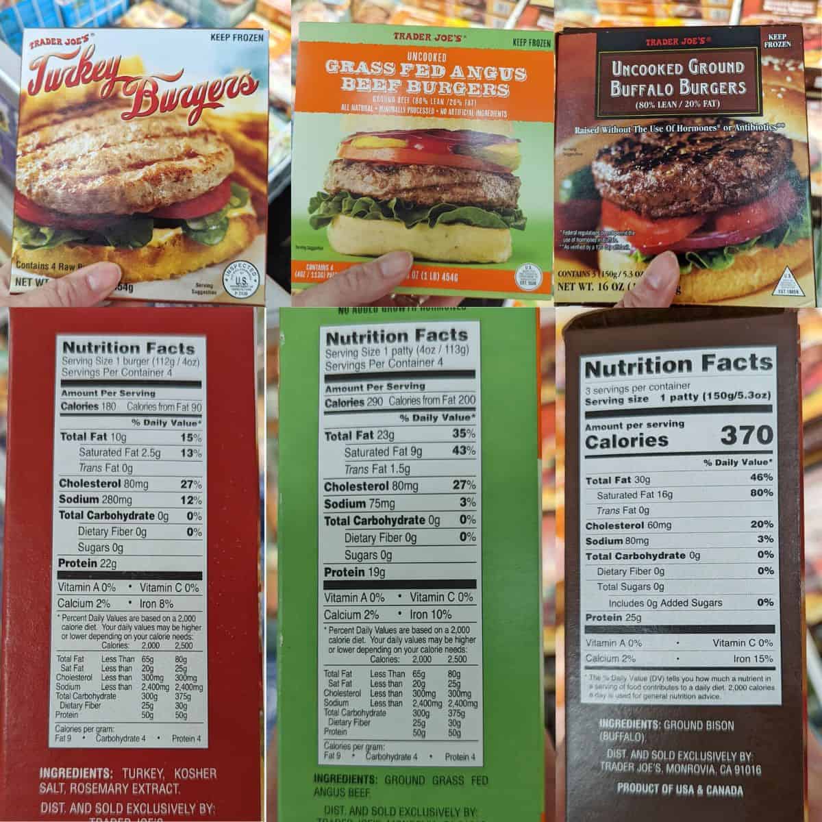Packaging for' Trader Joes turkey burgers, bison burgers, and grass-fed burgers.