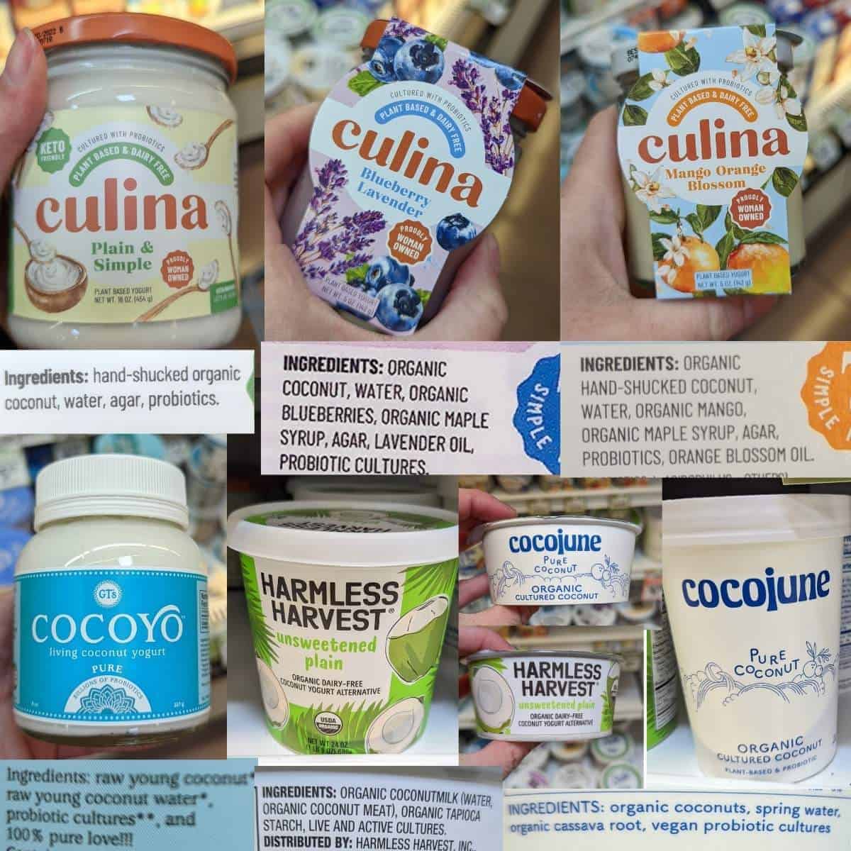 Culina, cocoyo, cocojune and harmless harvest yogurt with nutrition labels.