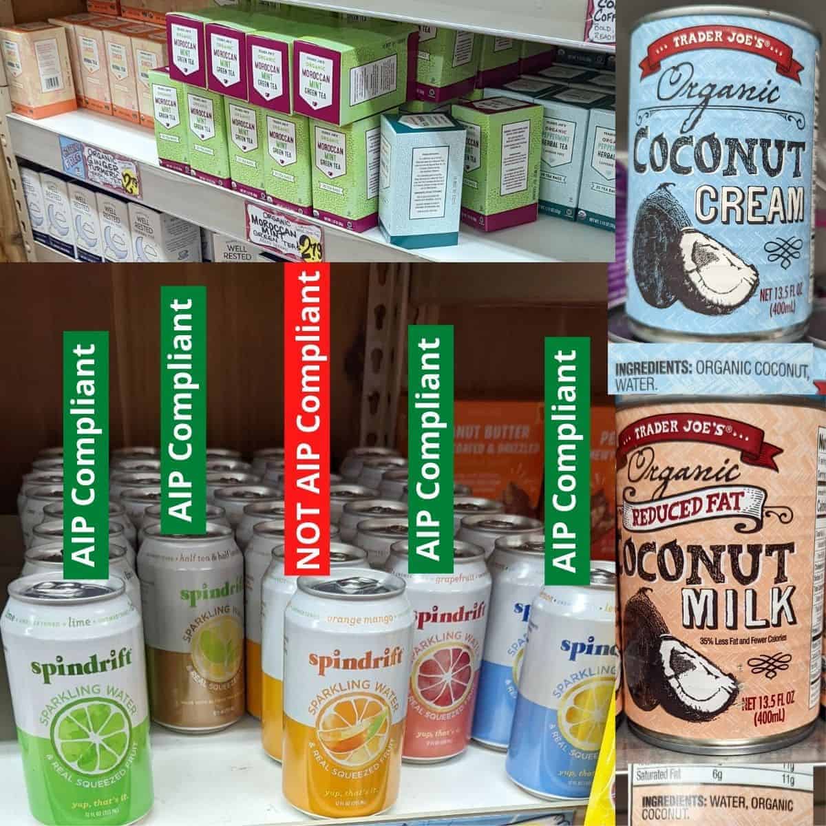 Spindrift, trader joes tea, coconut cream, and coconut milk with ingredient labels