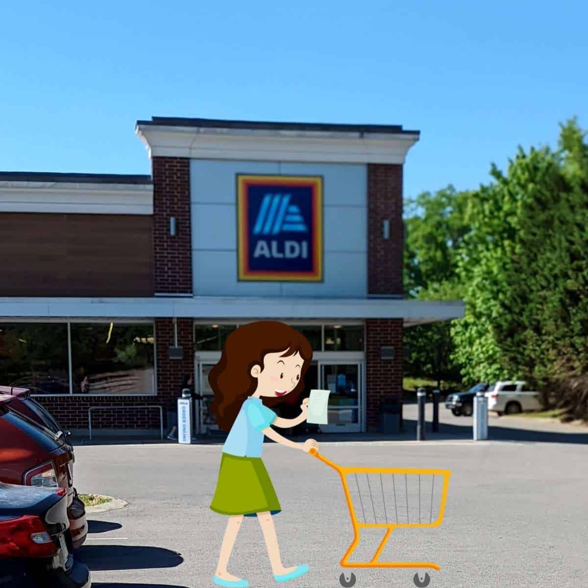 Aldi storefront with cartoon woman pushing a shopping cart in front of it.
