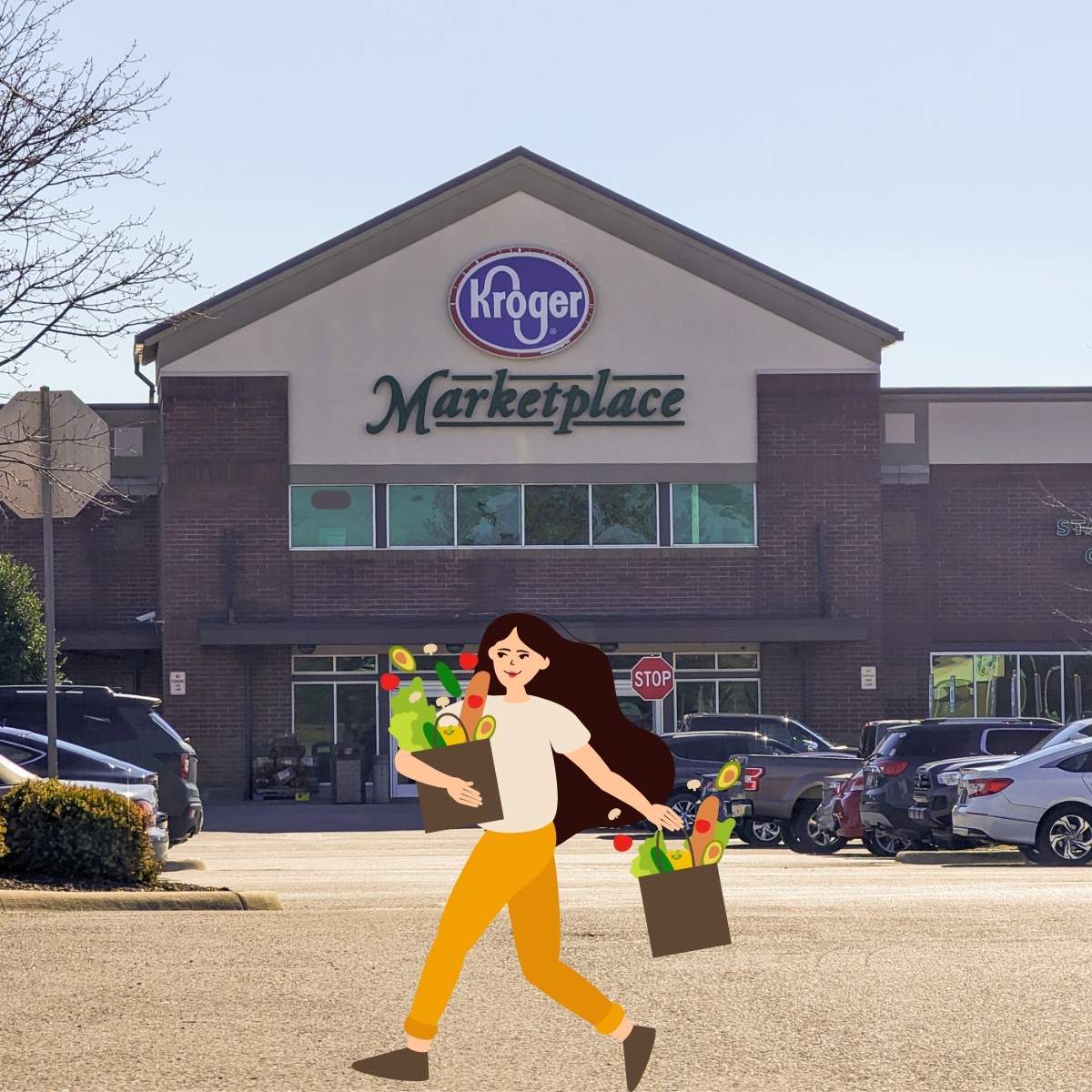 Kroger storefront with a person carrying shopping bags.