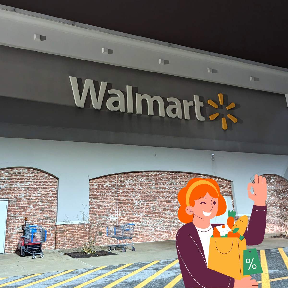 Walmart storefront with a carton lady holding a shopping bag.