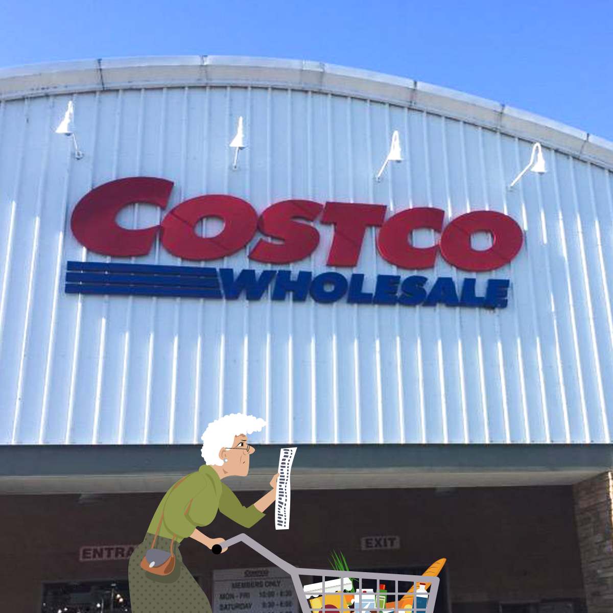 Costco storefront with a cartoon lady pushing a cart.