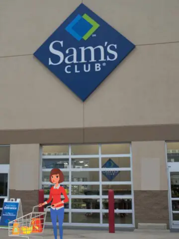 Sam's Club store front with cartoon shopper out front.